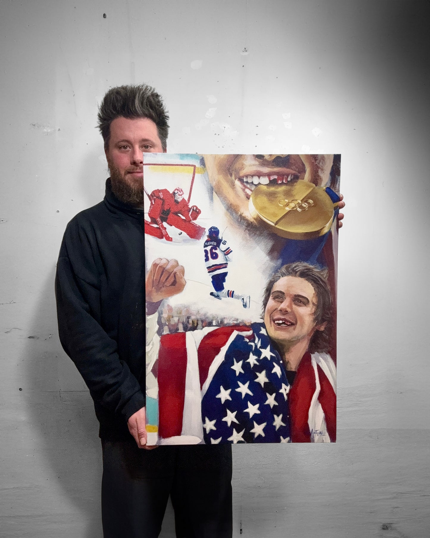 Jack Hughes Golden Goal Museum Style Stretched Canvas Print of Original Painting