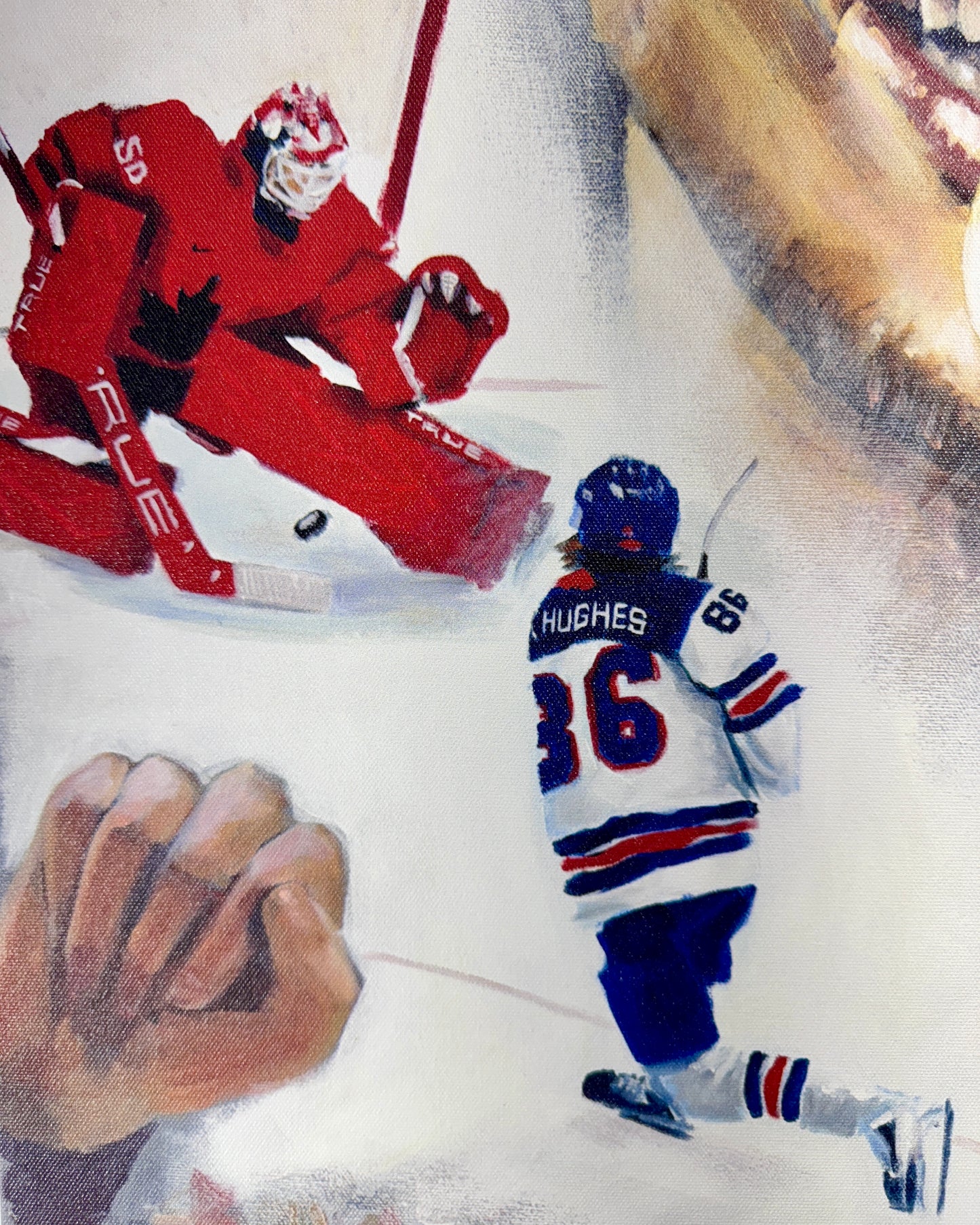 Jack Hughes Golden Goal Museum Style Stretched Canvas Print – 2026 Winter Olympics Team USA Hockey Art | 20” x 30” Wall Decor