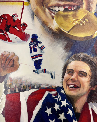 Jack Hughes Golden Goal Museum Style Stretched Canvas Print of Original Painting