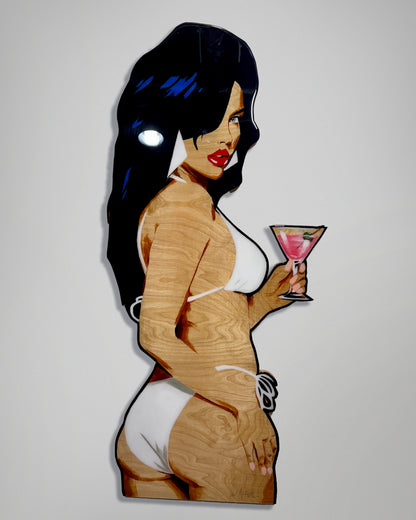 Hand-Painted GTA Vice City Girl Birch Wood Cutout – Epoxy Coated Wall Art