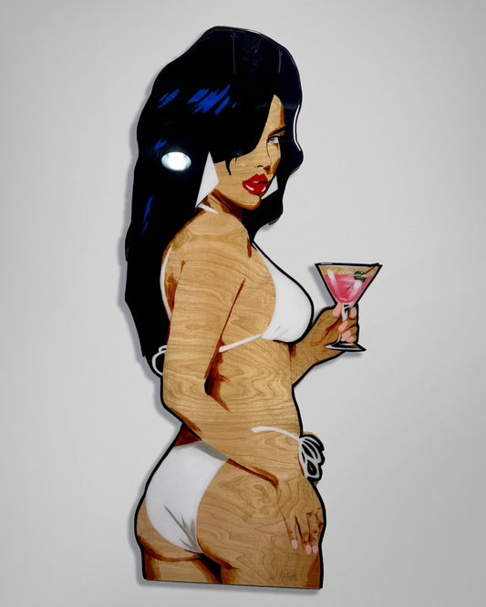 Hand-Painted GTA Vice City Girl Birch Wood Cutout – Epoxy Coated Wall Art