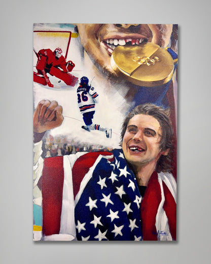 Jack Hughes Golden Goal Museum Style Stretched Canvas Print – 2026 Winter Olympics Team USA Hockey Art | 20” x 30” Wall Decor