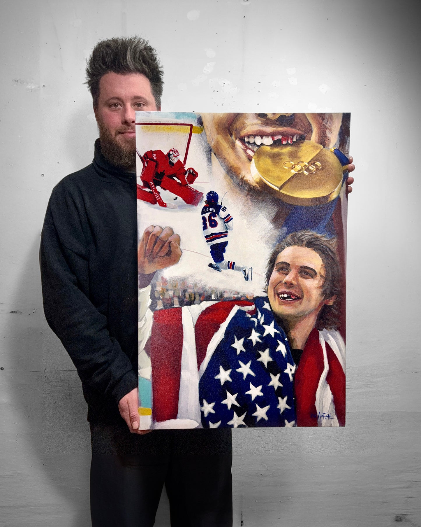Jack Hughes Golden Goal Museum Style Stretched Canvas Print – 2026 Winter Olympics Team USA Hockey Art | 20” x 30” Wall Decor