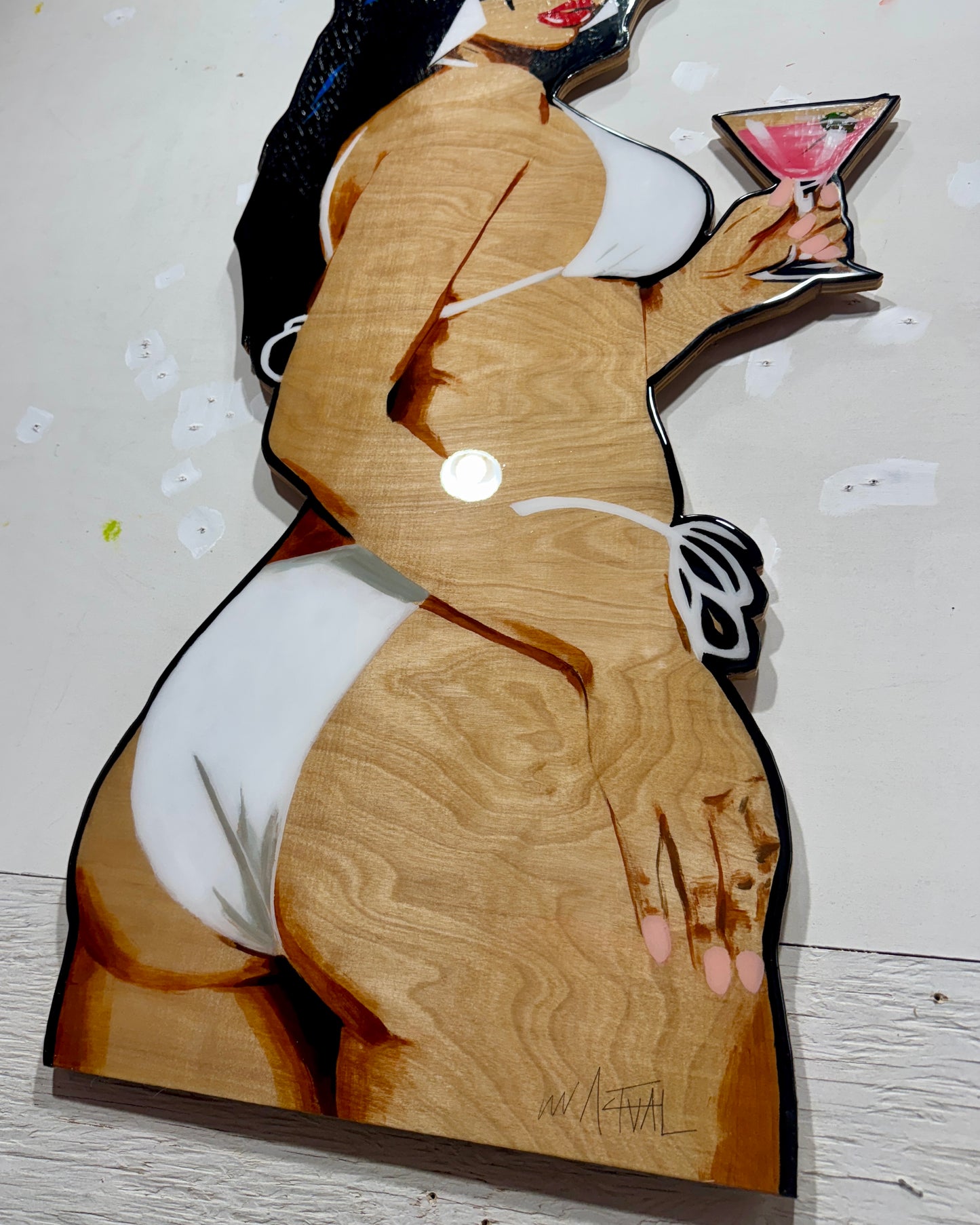 Hand-Painted GTA Vice City Girl Birch Wood Cutout – Epoxy Coated Wall Art