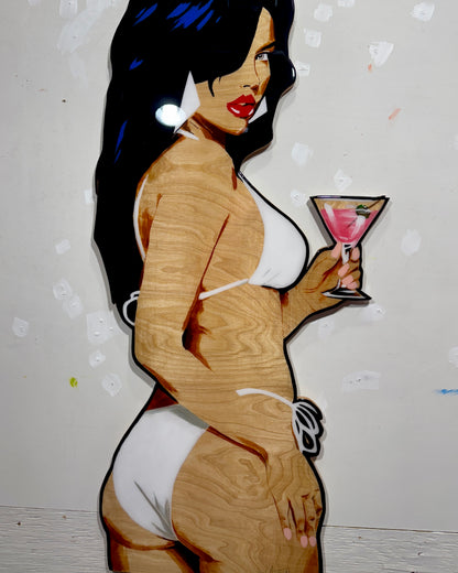 Hand-Painted GTA Vice City Girl Birch Wood Cutout – Epoxy Coated Wall Art