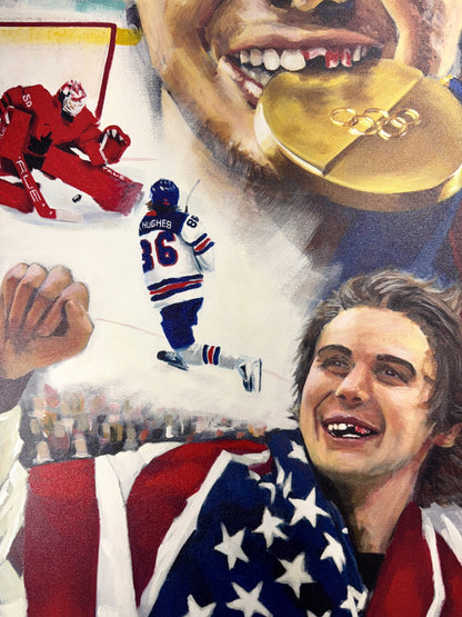 Jack Hughes Golden Goal Museum Style Stretched Canvas Print – 2026 Winter Olympics Team USA Hockey Art | 20” x 30” Wall Decor