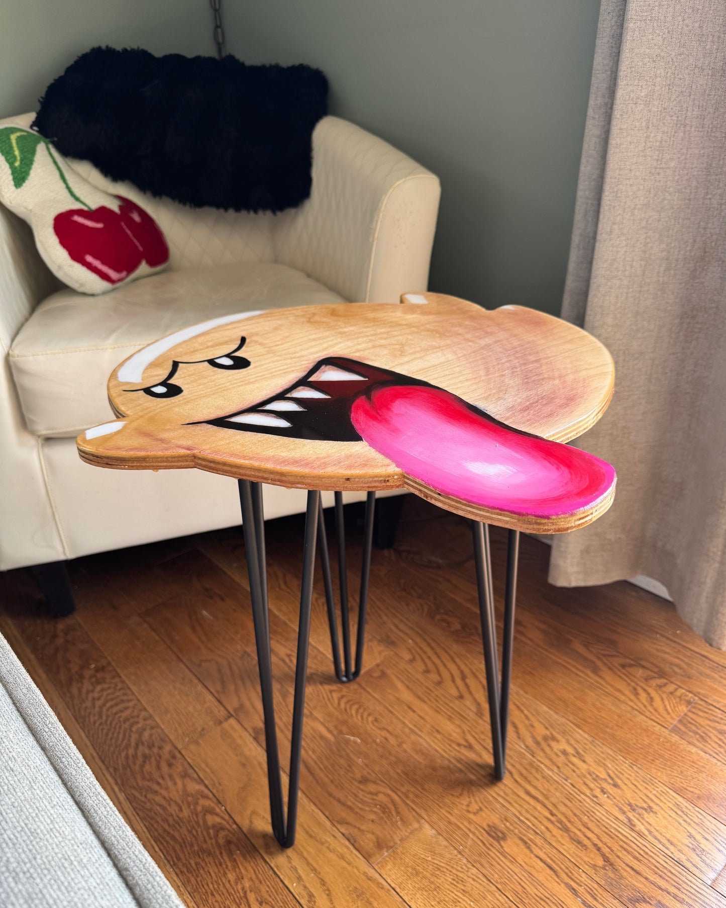 Handmade Boo Side Table – Super Mario Inspired Hand-Painted Birch Wood Coffee Table with Epoxy Finish | 20” x 20” x 21” Gamer Furniture