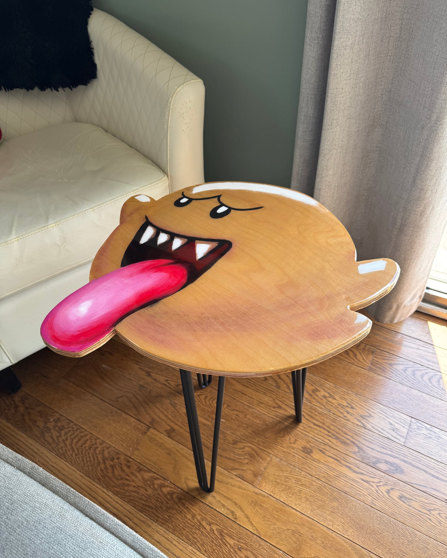 Handmade Boo Side Table – Super Mario Inspired Hand-Painted Birch Wood Coffee Table with Epoxy Finish | 20” x 20” x 21” Gamer Furniture