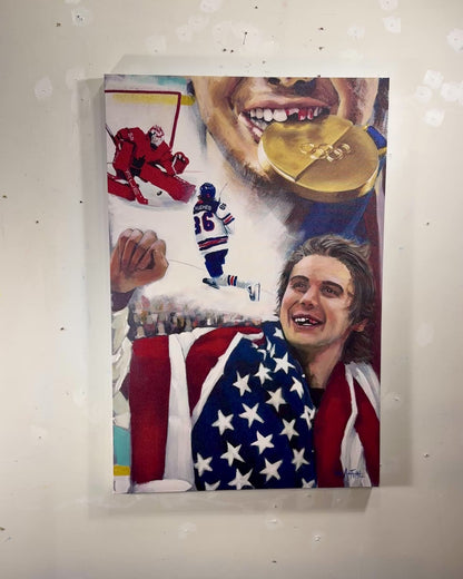 Jack Hughes Golden Goal Museum Style Stretched Canvas Print – 2026 Winter Olympics Team USA Hockey Art | 20” x 30” Wall Decor